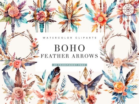 Download Watercolor Boho Feather Arrows Clipart - Premium Bundle